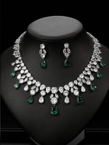 1 set/3 pièces Collier et boucles d'oreilles en zircone cubique de cuivre de mode européenne et américaine pour mariage ou soirée, bijoux haut de gamme avec décoration en goutte d'eau pour vêtements festivaliers femmes