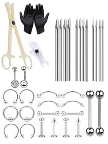 1入組35/27件專業穿孔器套裝，包括12根無菌 (14G16G18G) 穿刺針、2個三角鉗/手套和20/10件不鏽鋼穿孔飾品，適用於肚臍/嘴唇/鼻子/眉毛/耳朵穿孔 - 彩色 - 查看 10