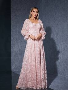 Strapless Long Sleeve Embroidery Lace Front Slit High-End Evening Dress - Pink - View 5