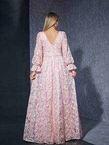 Strapless Long Sleeve Embroidery Lace Front Slit High-End Evening Dress - Pink - View 6