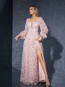 Strapless Long Sleeve Embroidery Lace Front Slit High-End Evening Dress - Pink - View 4