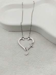 1pc Personalized Stainless Steel Hollowed Out Open Heart Shape Name And Text Necklace For Father's Day, Mother's Day, Valentine's Day, Birthday, Anniversary, Christmas, Graduation, Gift For Your Couple Or Friends - Silver - Silver - View 4