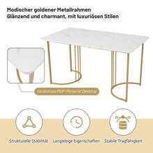 KOMHTOM Table de salle à manger (140x80x75 cm, seulement table), rectangulaire Table de cuisine aspect marbre Table de salle à manger, pieds en métal - Doré - Voir 7