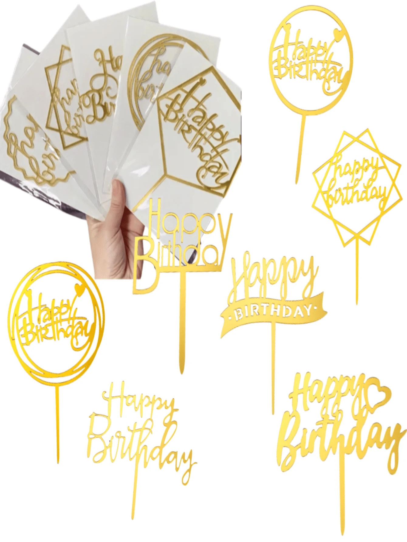 10pcs Happy Birthday Cake Toppers - Acrylic Cake Inserts For Birthday Cakes And Party Decorations Cake Decorating Cake Topper Cake Decorations Cake Decor Cake Decorating Tools - Gold - View 1