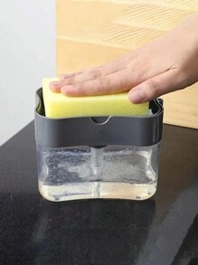 Contenedor de líquido para lavar platos tipo prensa con dispensador automático, estropajo de cocina, dispensador de jabón, esponja y toalla de plato - Dispensador de líquido automático con cepillo de fregar - Herramienta de limpieza de cocina multifuncional - Esencial de cocina, cocina, fiesta en la playa de verano, comida, camping, organizador, decoración de habitaciones, utensilios de cocina