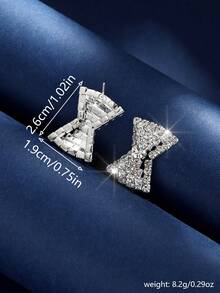 1pair Bowknot Earrings With Full Rhinestone Decoration, Elegant & Glamorous Ear Studs From Ocean Collection For Summer Beach Parties - White - View 3