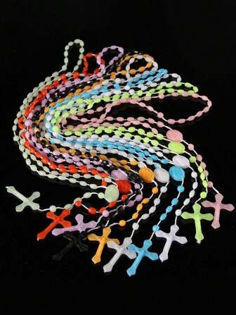 9pcs Random Color New Fashion Luminous Bead & Cross Necklace