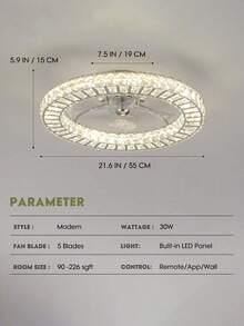 Flush Mount Ceiling Fan With Light, 22" Modern Crystal Chandelier Ceiling Fan With Smart 4-Light Color Change, LED Ceiling Fan Fandelier, Low Profile Ceiling Fan For Bedroom - Silver - View 6