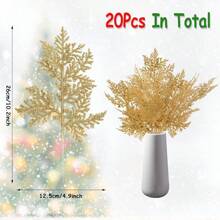 20PCS Christmas Artificial Pine Needles,Glitter Silver Fake Floral Spray Picks Branches Twig For Xmas Tree Wreath Wedding Bouquet Decoration - Gold - View 2