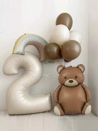 10 个 40 英寸奶油色数字乳胶气球 + 复古色泰迪熊彩虹铝箔气球，适合生日派对装饰返校情人节