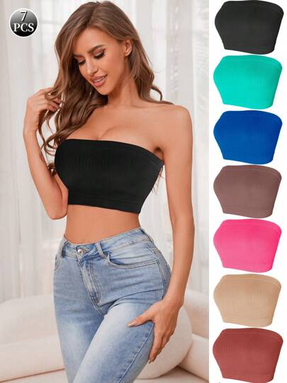 7pcs Women's Strapless Bra Set, Anti-Slip & Backless Design For Inner/Outer Wear, Lingerie