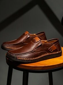 Men Casual Driving Loafers With Double-Layer Leather Upper, Slip-On Style For Spring/Summer, Soft And Comfortable Leather Shoes