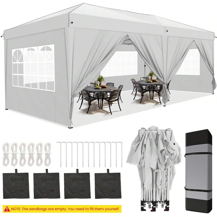 Gazebo 3x6 With Side Walls, Folding Pavilion 3x6 Waterproof, Stable, Winterproof With Bag With Wheels, 4 Sandbags, Easy To Set Up Folding Tent For Outdoor Party, Garden, Event - 白色 - 查看 1