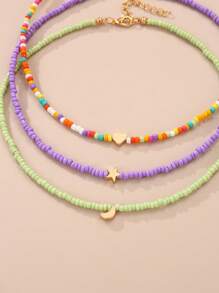 Set da 3 collane da ragazza con perline a forma di stelle, lune e cuori, adatte per vacanze, abbigliamento casual, e decorazione quotidiana