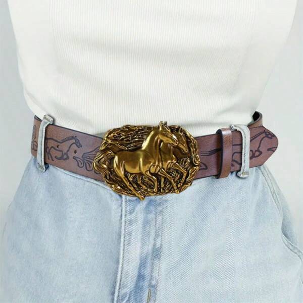 1pc Bohemian Style Western Unisex Animal Print Belt With Vintage Elements Buckle, Fashionable Daily Wear Leather Belt For Women