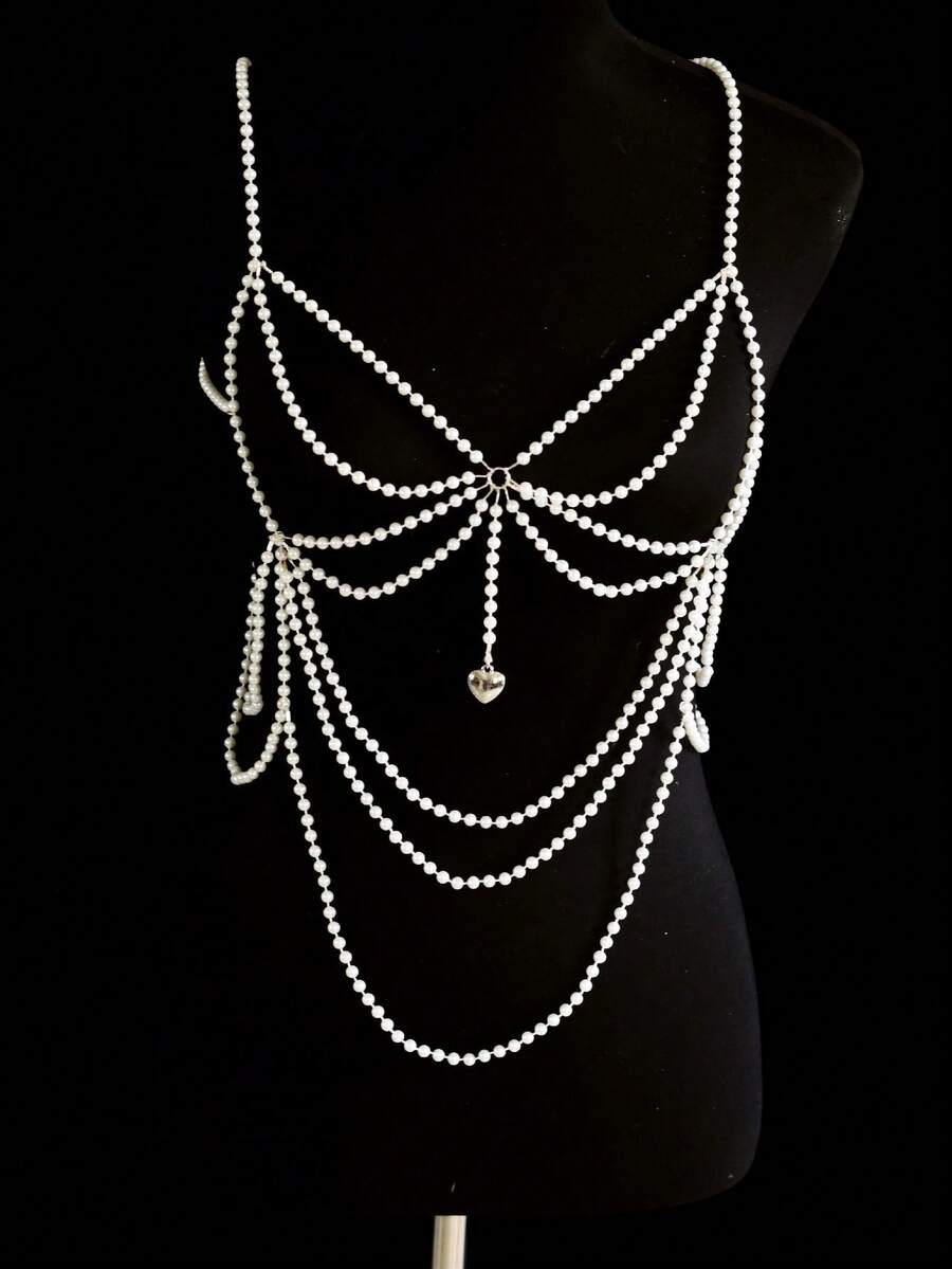 1pc Faux Pearl Heart Pendant Body Chain Jewelry