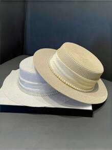 1pc Women's Pearl Ribbon Sun Protection Fashionable Flat Top Straw Hat, Suitable For Beach Vacation - Straw Hat - View 2