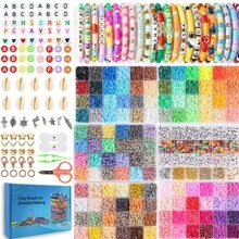 Kit de fabricación de pulseras con cuentas de arcilla para principiantes de 13000piezas/10600piezas/8800piezas/6000piezas/5100piezas/3500piezas/2400piezas/2000piezas, kit de amistad universitaria con letras, que incluye colgantes y cordón elástico, kit de pulsera de letras de cuentas DIY, regalo para fiesta