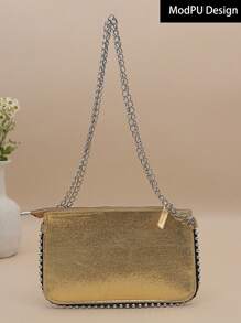 Fashionable Women's Chain Square Bag, Shoulder & Crossbody Bag With Rivet Decoration And Zipper Closure - Gold - View 2