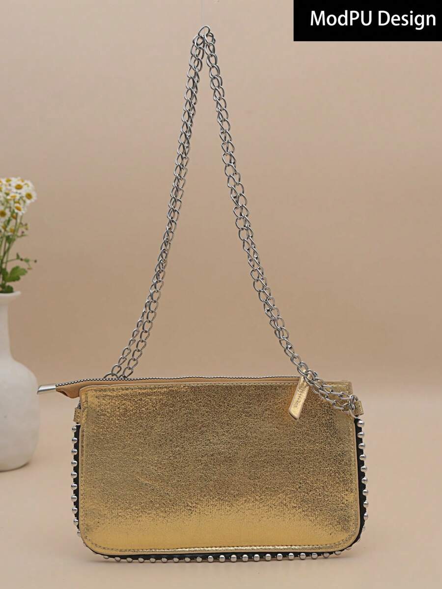 Fashionable Women's Chain Square Bag, Shoulder & Crossbody Bag With Rivet Decoration And Zipper Closure