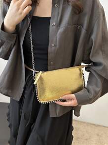 Fashionable Women's Chain Square Bag, Shoulder & Crossbody Bag With Rivet Decoration And Zipper Closure - Gold - View 3