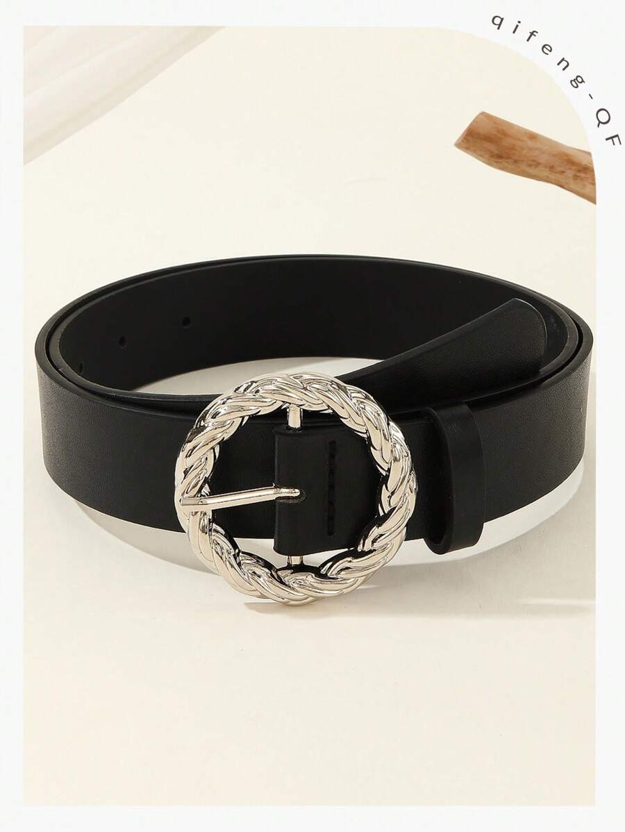 1pc Fashionable Lightweight Luxury Women's Belt With Large Round Silver D Ring Buckle Summer, School Fall, Autumn, Halloween - Black - View 1