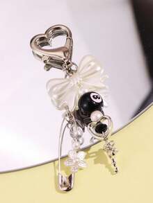 1pc Bowknot Beaded Brooch With Angel Key And Heart Keychain, Sweet Cool Fashion Accessory For Girls - Multicolor - View 5