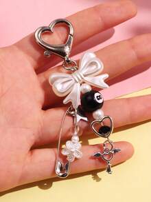1pc Bowknot Beaded Brooch With Angel Key And Heart Keychain, Sweet Cool Fashion Accessory For Girls - Multicolor - View 3