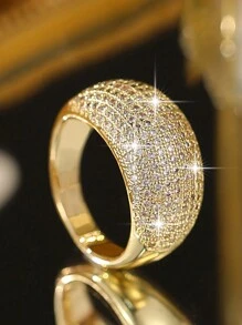 1入組INS風格豪華大橢圓鋯石戒指，適用於女性訂婚婚禮戒指首飾，奢華服裝 - 金色 - 查看 6