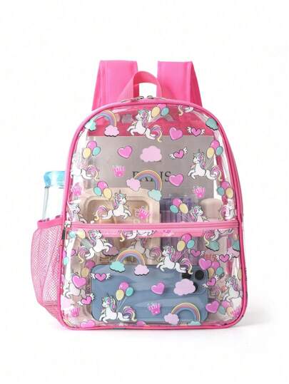 ROMWE 1pc Clear Cute Cartoon Unicorn Print Backpack, Lightweight Waterproof PVC Backpack For Women, Kawaii School Bag With Side Mesh Bag, Casual Transparent Backpack For Outdoors, Travel, Concerts, Outings, Sports Events, Back To School, Shopping, Waterproof Clear Backpack, Casual Style For Outdoor Sports Or Travel Convenience,Tready Clear Book Bag, Back To School Supplies, School Supplies, School Backpack, School Bag, Backpack For School, Back To School Backpack, School Bookbag, Big Backpack, Backpack School, Back To School Bags, Large Capacity, Portable, Classic Casual, Suitable For Teen Girls Women College Students, First Day Of School