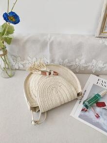 新款ins風格復古環形編織紙草流蘇斜背袋，適用於海灘度假和旅行，可作為肩袋和斜跨包 - 米色 - 查看 5