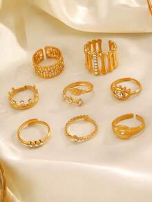 1 Peça Anel de Aço Inoxidável Popular Estilo INS com Olho Turco de Strass, Adequado para Uso Diário Feminino - Ouro amarelo - Visão 3