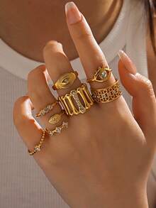 1 Peça Anel de Aço Inoxidável Popular Estilo INS com Olho Turco de Strass, Adequado para Uso Diário Feminino - Ouro amarelo - Visão 2