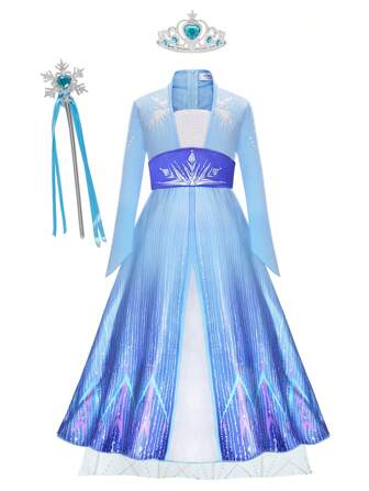 女童（小）浅蓝色优雅亮片拼布长袖公主裙，附赠魔法棒和皇冠配饰套装，秋冬长袖公主裙，女童礼服，女童派对礼服，适合外出游玩，万圣节派对，朋友聚会，生日派对，公主派对，舞台表演等大型活动