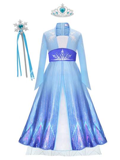 浅蓝色优雅亮片拼接长袖公主裙，配有魔法棒和皇冠配饰套装，适合秋冬季穿着，也可作为女孩正式礼服、派对礼服，适合外出、万圣节派对、朋友聚会、生日派对、公主主题派对、舞台表演和其他重要活动。