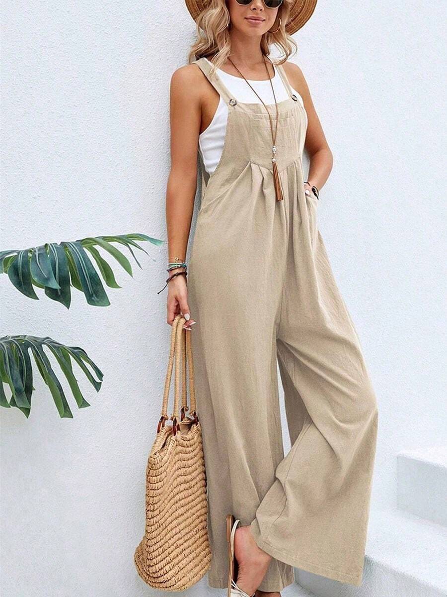 Mono de las señoras, las mujeres de verano de color sólido de la correa de la espalda casual de pierna ancha pantalones sueltos - Caqui - Ver 1