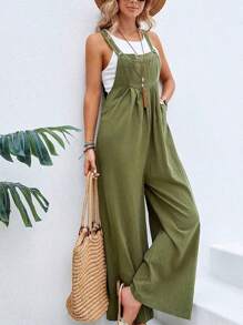 Mono de las señoras, las mujeres de verano de color sólido de la correa de la espalda casual de pierna ancha pantalones sueltos - Verde militar - Ver 1