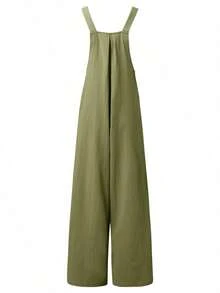 Mono de las señoras, las mujeres de verano de color sólido de la correa de la espalda casual de pierna ancha pantalones sueltos - Verde militar - Ver 7