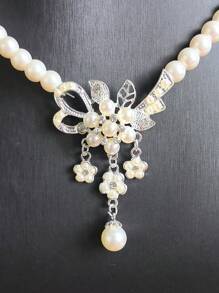 一套女士奢华花卉流苏玻璃珍珠项链和耳环，1条Y形珍珠项链，1对珍珠耳钉