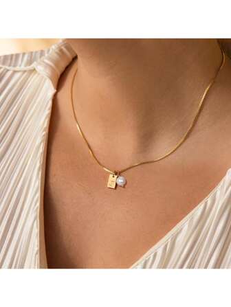 Gold Pearl Initial Necklaces For Women, Dainty 14K Gold Filled Initial Necklace For Girls Tiny Letter Gold Necklace Tag Necklaces Mother's Day Jewelry Gift