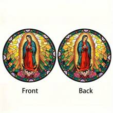 1 pieza Escultura de la Virgen María de Guadalupe en colores, para colgar en ventanas o pared, arte para decorar el hogar en habitaciones, salas de estar, porches, fiestas, centro de mesa con corona, regalo para amigos, redondo de signo de acrílico (5.9"X5.9"/15cm*15cm) - MG693 - Ver 2