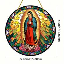 1 pieza Escultura de la Virgen María de Guadalupe en colores, para colgar en ventanas o pared, arte para decorar el hogar en habitaciones, salas de estar, porches, fiestas, centro de mesa con corona, regalo para amigos, redondo de signo de acrílico (5.9"X5.9"/15cm*15cm) - MG693 - Ver 4