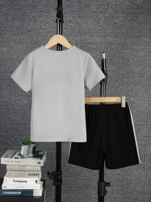 Bộ trang phục thường ngày của cậu bé Tween Áo thun ngắn tay cổ tròn và quần đùi thể thao, chắp vá 3 màu - Xám - Xem 3