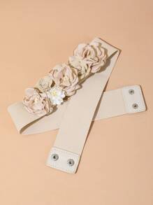 1 Pieza Cinturón Elegante Para Mujer Con Estilo Francés En Tejido Hecho A Mano Con Bordes Quemados Y Cinturilla Elástica Con Flor De Camelia 3d Y Decoración De Flores Falsas - Negro - Ver 6