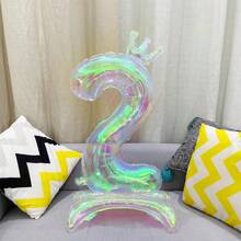MECRLA 1 个透明彩色皇冠形数字气球带支架，非常适合生日派对、周年纪念、摄影道具、房间和户外装饰， - 透明炫彩-底座皇冠數字 - 查看 7