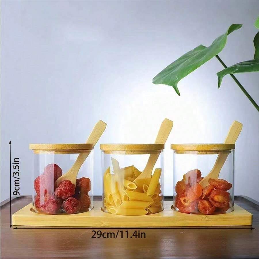 3入組玻璃瓶+蓋，竹蓋香料瓶套裝，適用於香料、豆類、糖果、堅果、香草、乾糧罐頭、廚房用品、食品、烹飪、調味、香料、胡椒、大蒜、鹽、組織者、派對、房間裝飾等 - 彩色 - 查看 1