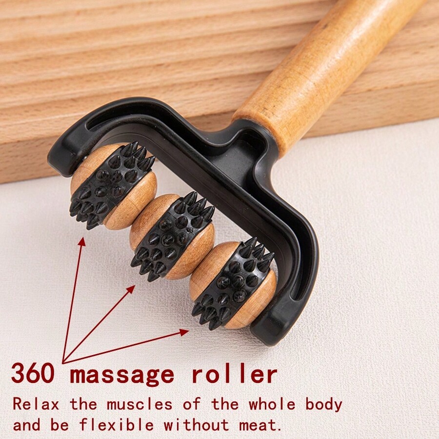 Wooden And Silicone Roller Muscle Massager For Face, Legs, Abdomen
