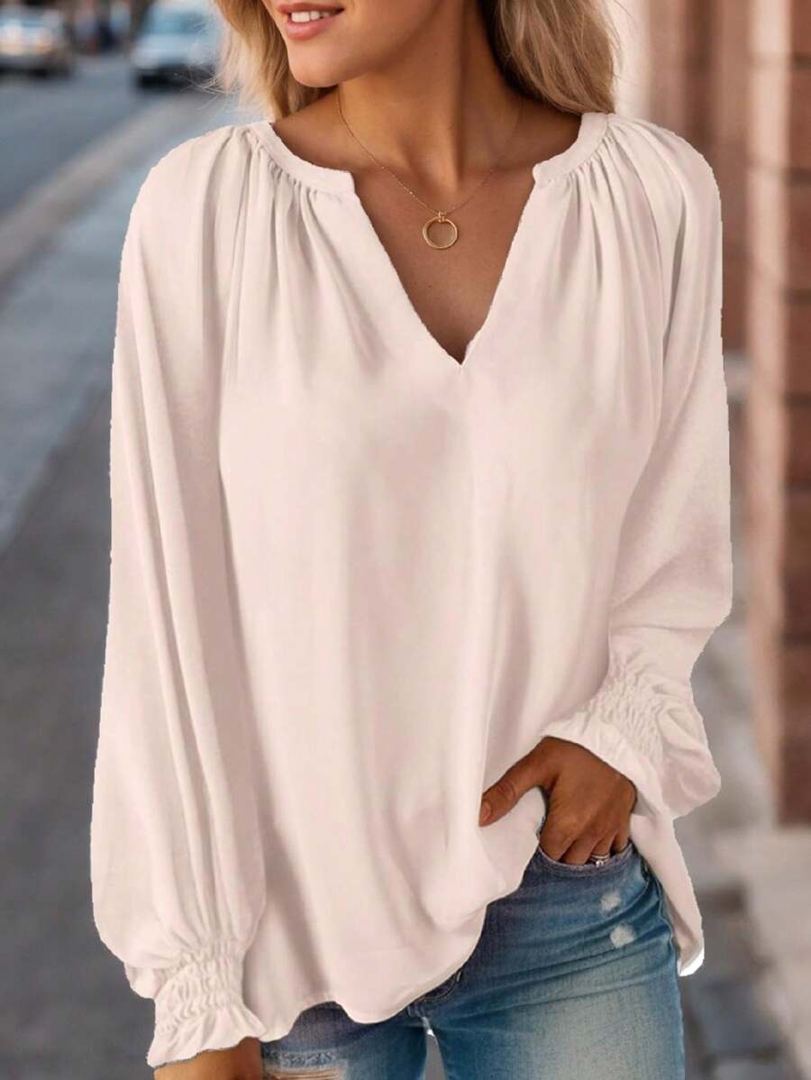 女款V領打褶褶裝長袖寬鬆套頭毛衣 - 米色 - 查看 1