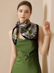 1pc Women's Elegant 90x90cm Plant & Floral Print Imitated Silk Scarf, Fashionable  Multi-Use Shawl, Windproof Warm Scarf, Sunscreen Beach Towel, Decorative Hairband & Necktie, Suitable For Daily Wear, Dates, Vacation, Travel, Photography And Festival Gifts - Multicolor - View 3