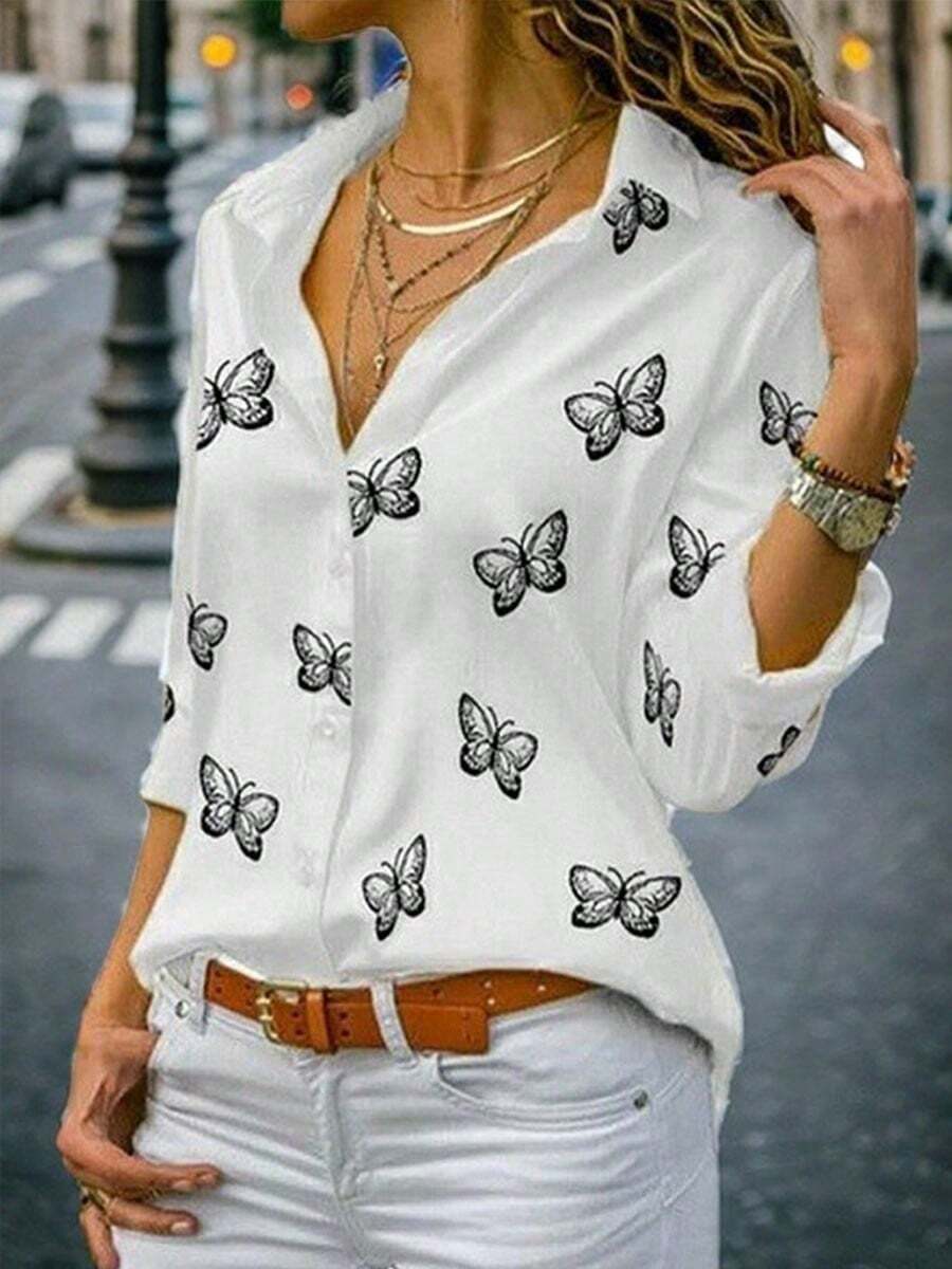 Camisa Manga Larga Estampado Mariposa Mujer Multicolor Suelta Solapa Camisa Temperamento Casual La talla es pequeña - Blanco - Ver 1